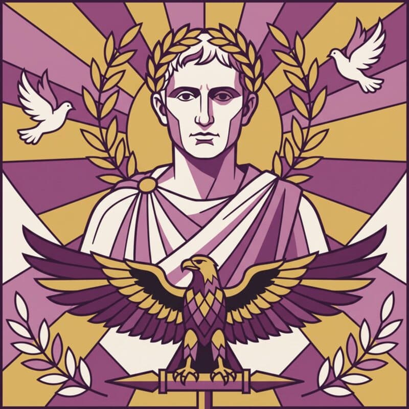 Augustus crowned with laurel above an eagle standard, doves either side.