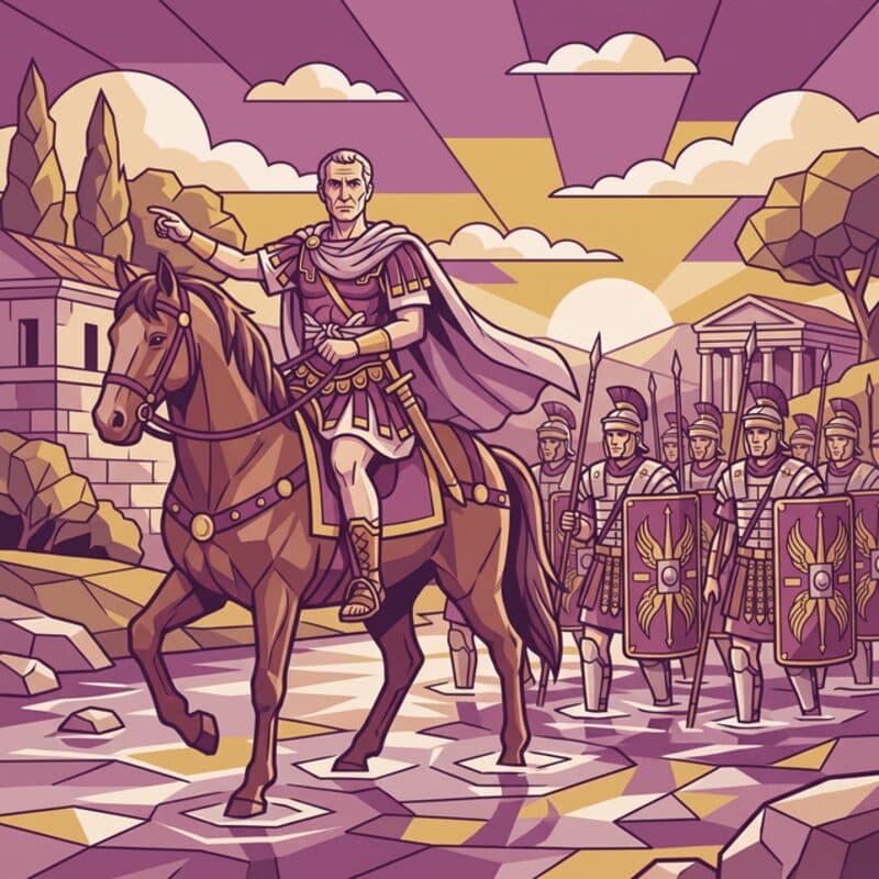 Julius Caesar on horseback leading legionaries across a shallow river.