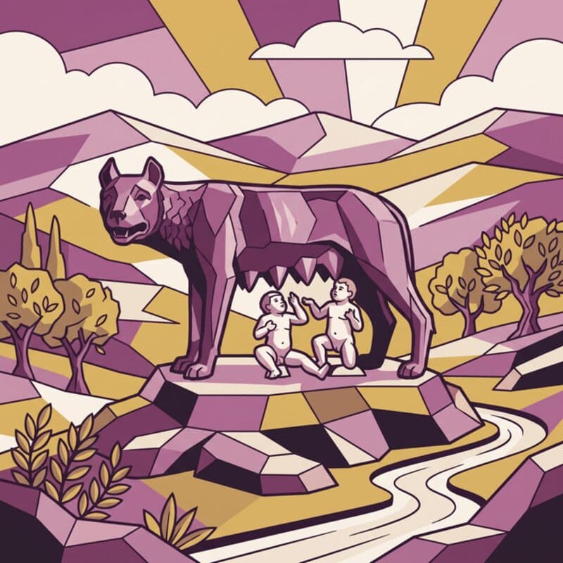 The she-wolf suckling Romulus and Remus on a rock above a winding river.
