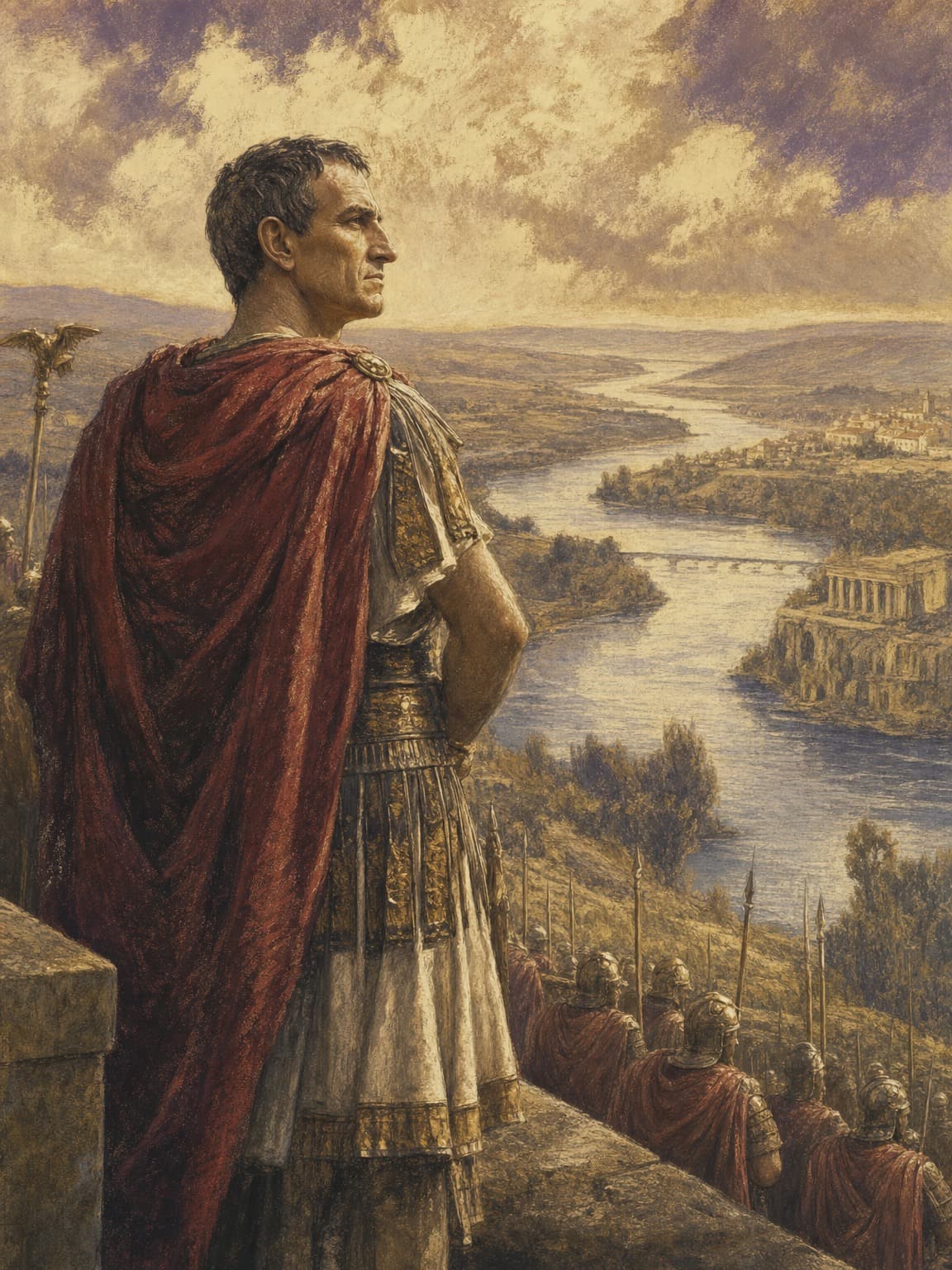 Julius Caesar in a red cloak looking out over the Rubicon valley, his legions waiting below.